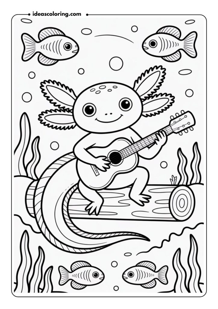 Axolotl playing a guitar, sitting on a log underwater with fish swimming by, musical theme, outlined for creative kids' coloring books