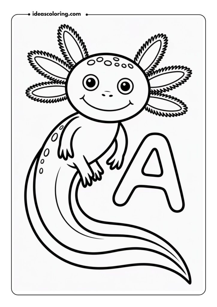 Axolotl-themed alphabet coloring page, one axolotl shaped like the letter 'A', fun and educational, clear outlines and playful expressions