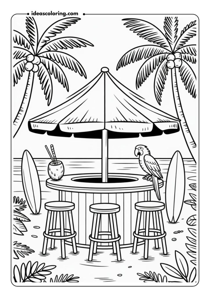 Black-and-white drawing of a tropical beach bar with stools, surfboards, coconuts, and parrots nearby
