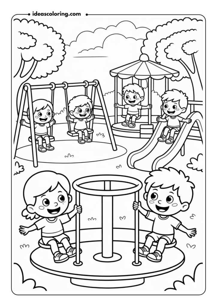Black-and-white drawing of kids playing on a playground with swings, slides, a merry-go-round, and trees in the background