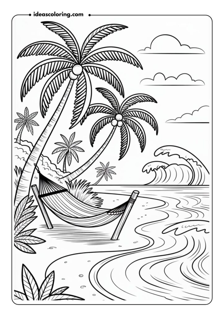 Black-and-white line art of a tropical island with palm trees, coconuts, a hammock, and waves crashing on the shore