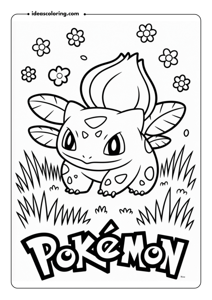 Bulbasaur standing tall, its plant bulb glowing slightly, surrounded by grass and small flowers, outlined with clean, easy-to-follow lines