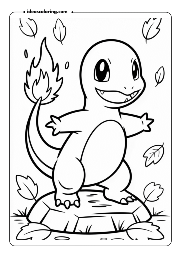 Charmander with its tail flame burning brightly, standing on a rock, surrounded by a few scattered leaves, with clear and bold outlines for easy coloring