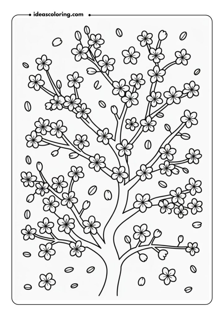 Cherry Blossom Tree A cherry blossom tree with many delicate flowers scattered throughout, each with five soft petals and a few falling blossoms