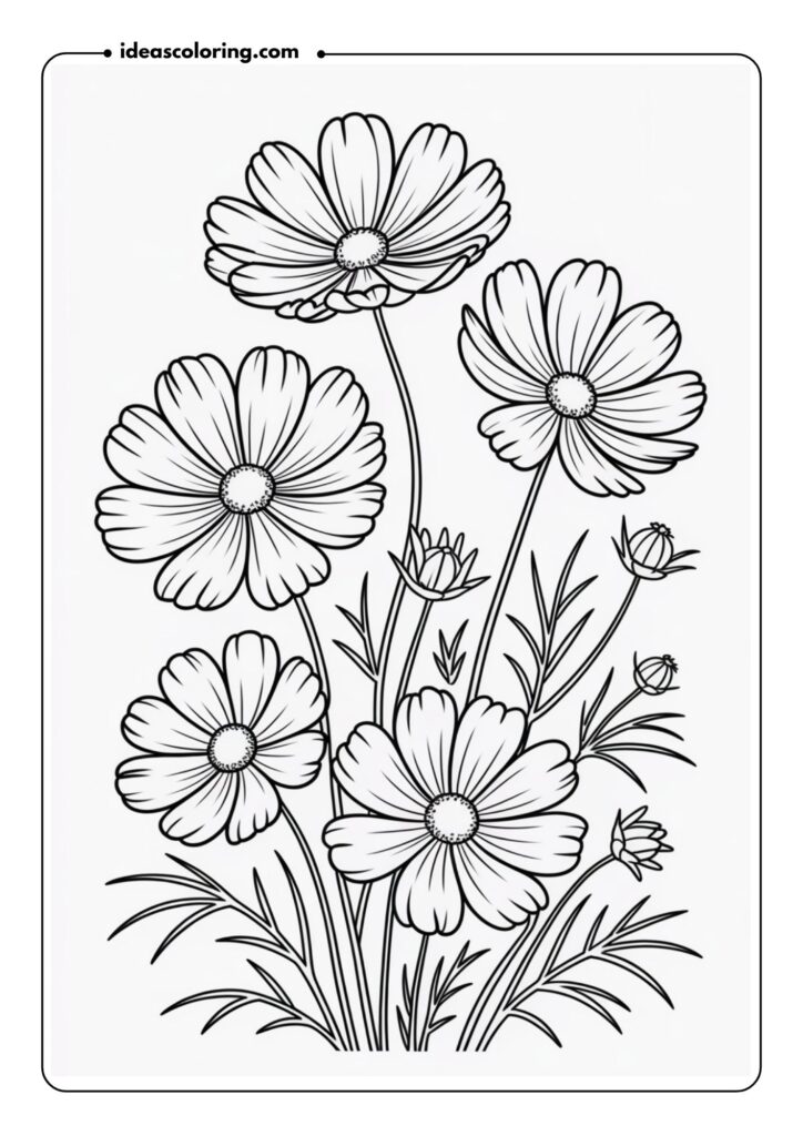 Cosmos Flowers A grouping of cosmos flowers with thin, elongated petals and slender stems, set against a light, airy background