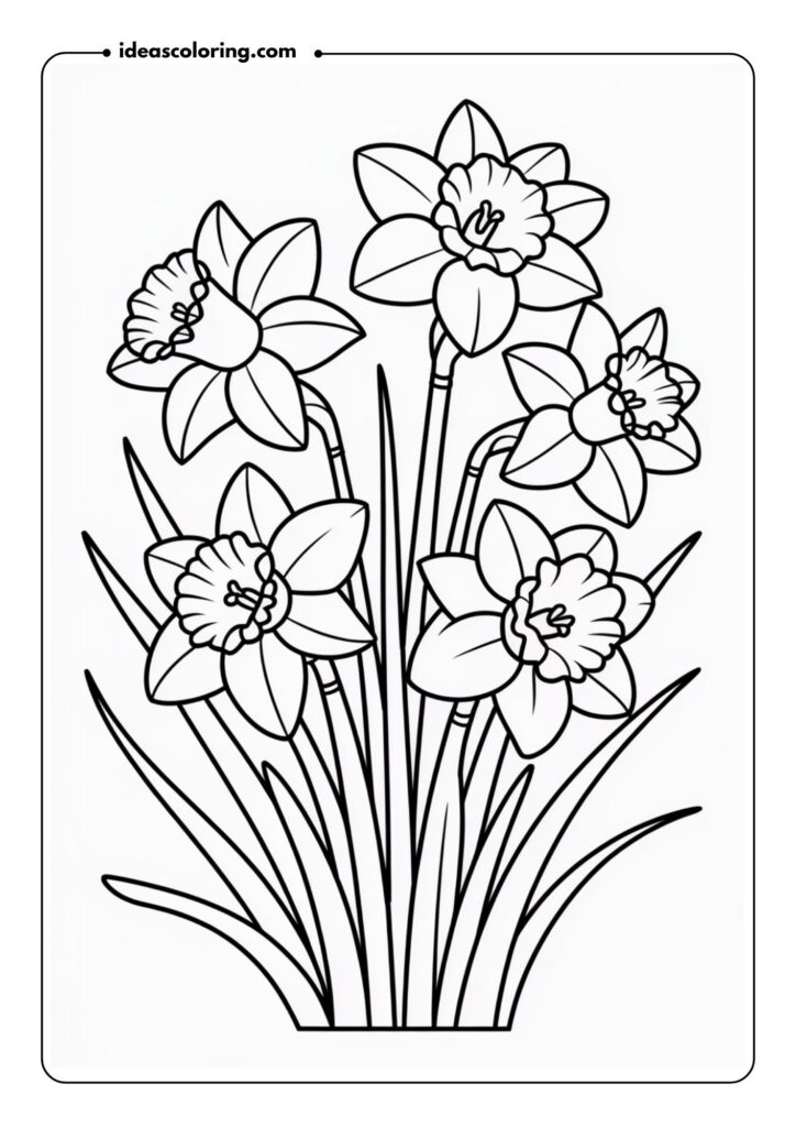 Daffodils in Spring A bunch of daffodils with trumpet-shaped petals, each flower surrounded by green leaves and a few small buds