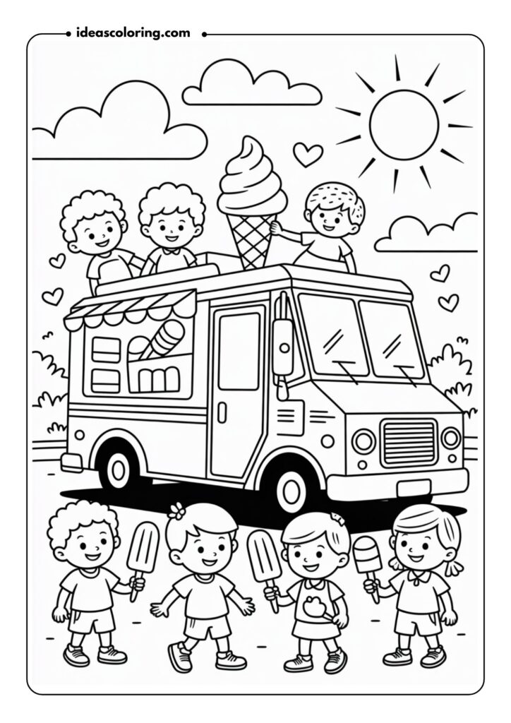 Detailed line art of an ice cream truck surrounded by kids holding cones and popsicles on a sunny day
