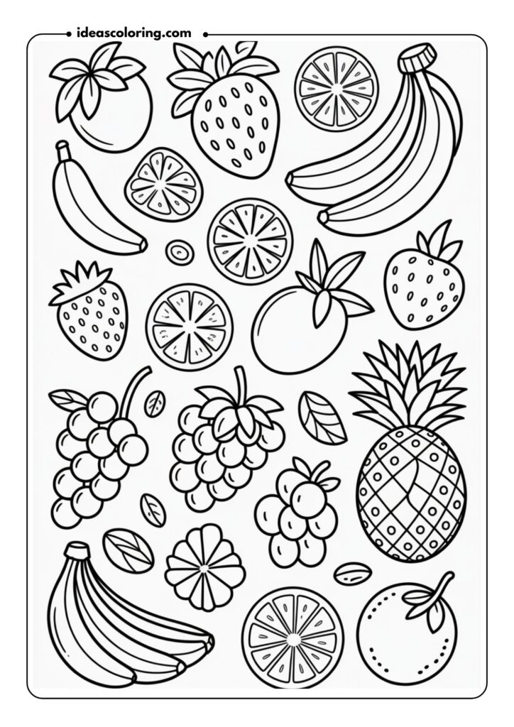 Detailed outline of a summer fruits pattern with bananas, strawberries, pineapples, grapes, and oranges