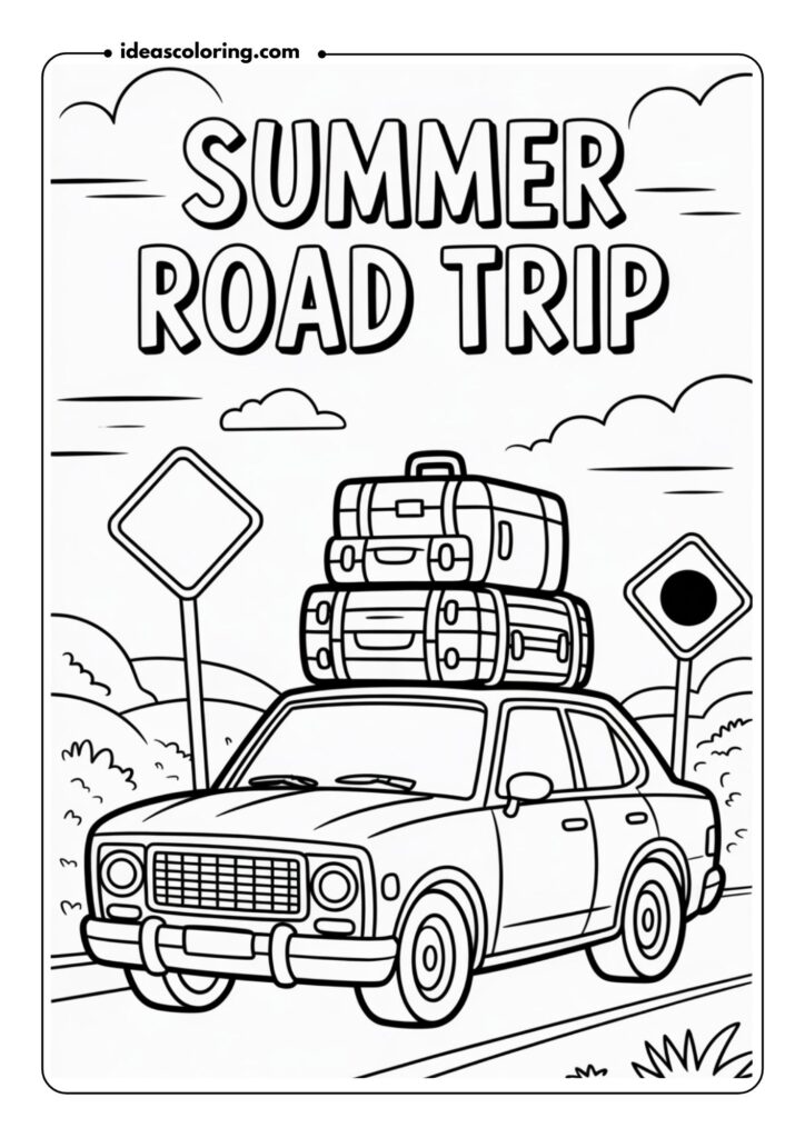 Detailed outline of a summer road trip with a car loaded with suitcases, a map, sunglasses, and road signs for adventure