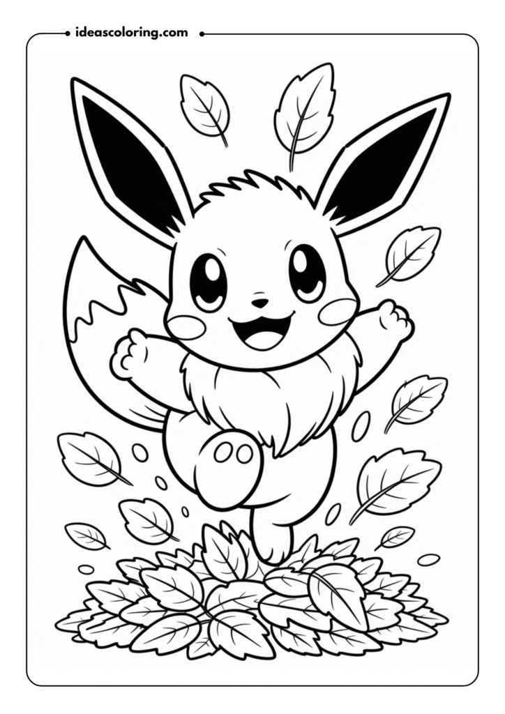 Eevee jumping through leaves_ Outline Eevee in mid-air, playfully jumping through a pile of autumn leaves, with a joyful expression