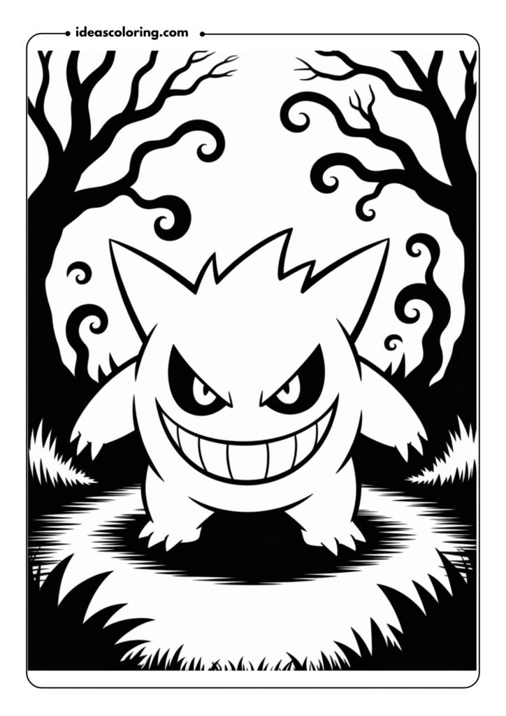 Gengar with Spooky Shadows_ Generate an outline of Gengar in a spooky, dark forest, its eyes glowing in the shadows as mist swirls around it