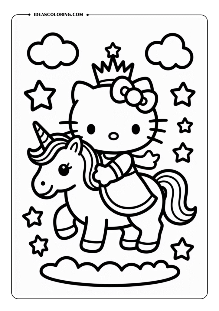 Hello Kitty dressed as a princess riding a unicorn with stars and clouds outlined for a magical coloring page