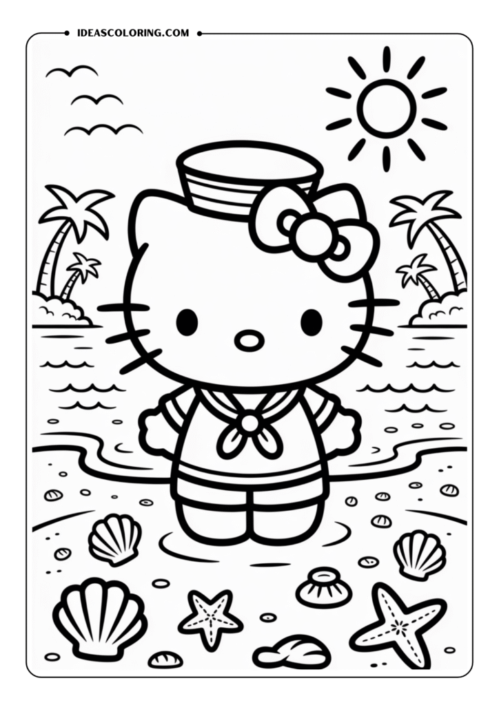 Hello Kitty in a sailor outfit, standing on a beach with seashells and starfish, outlined for a summer-themed coloring page