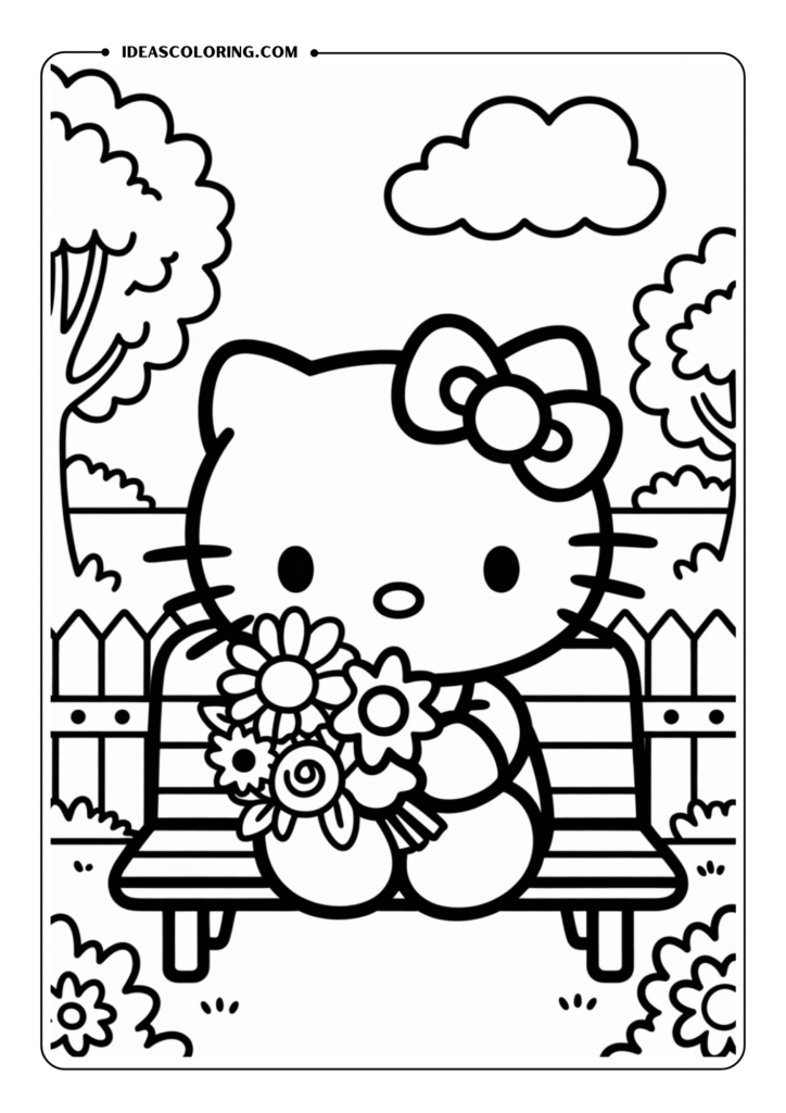 Hello Kitty sitting with a big bow on her head, holding a bouquet of flowers