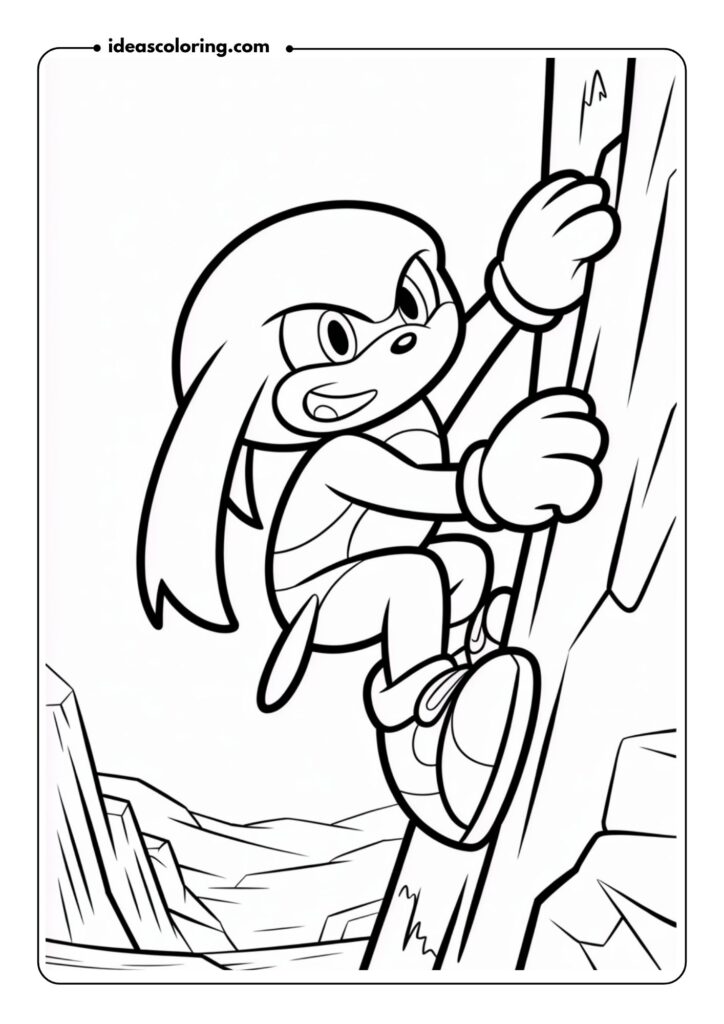 Knuckles climbing a cliffside – Show Knuckles scaling a steep rock cliff, his knuckles digging into the surface, and his face focused on the climb