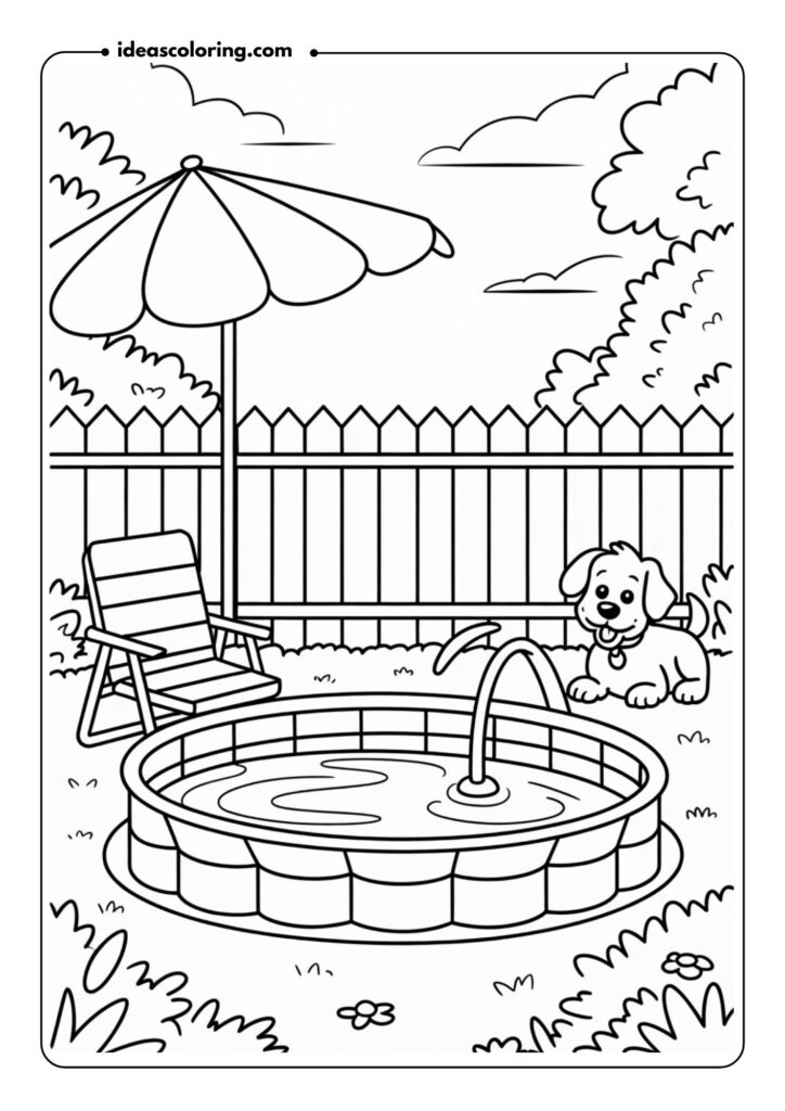 Line art of a relaxing summer day in a backyard with a kiddie pool, lawn chair, dog playing, and a sprinkler spraying