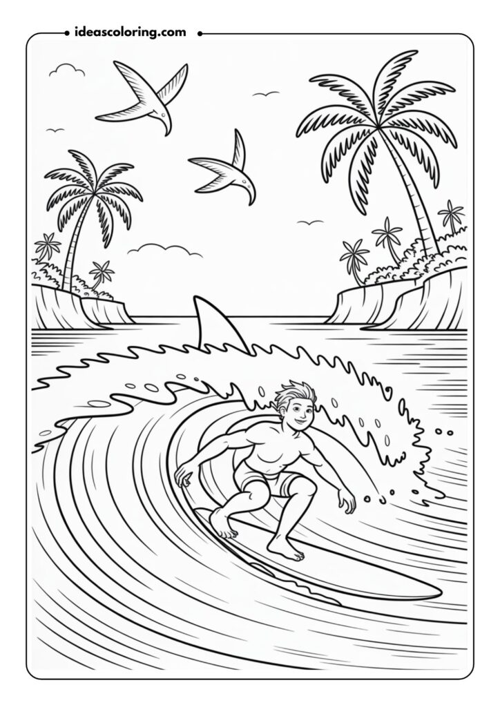 Line art of a surfer riding a wave with a shark fin in the distance, tropical birds flying above, and palm trees on cliffs