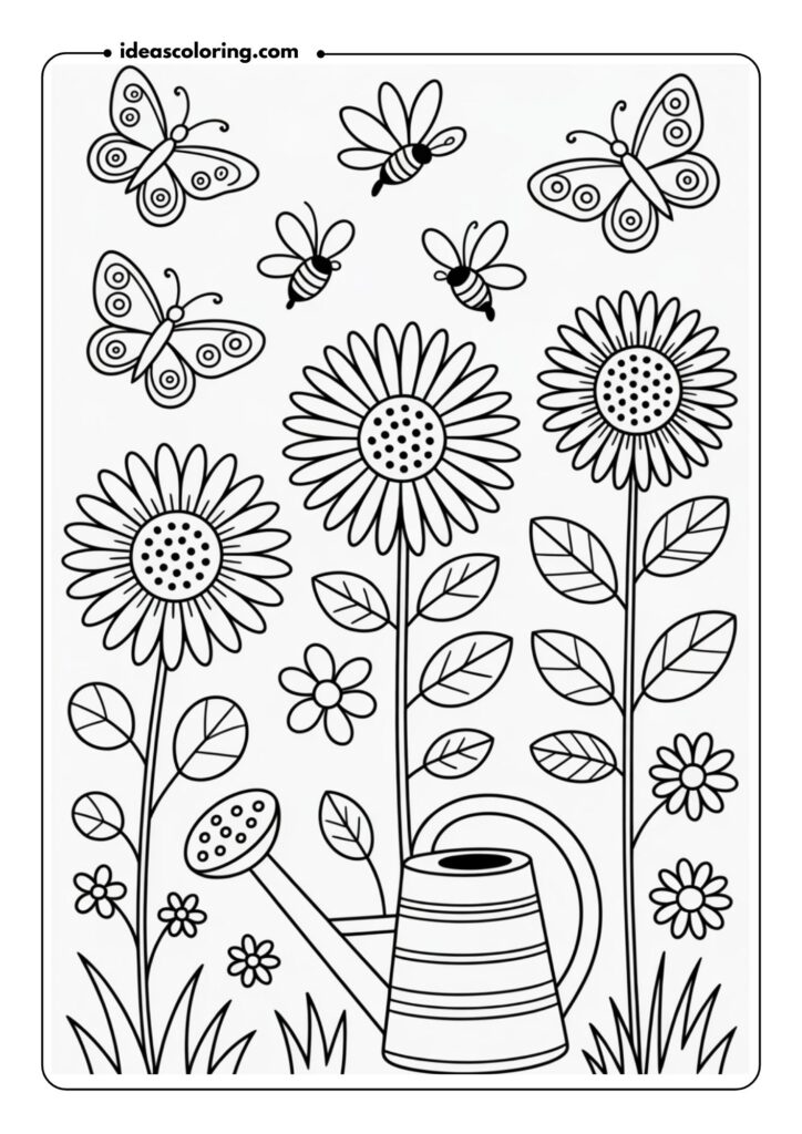 Line drawing of a summer garden with butterflies, blooming sunflowers, bees, and a watering can