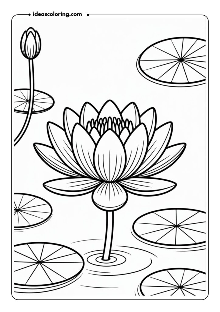 Lotus Blossom A serene lotus flower with wide, symmetrical petals, outlined delicately, resting on water with surrounding lily pads