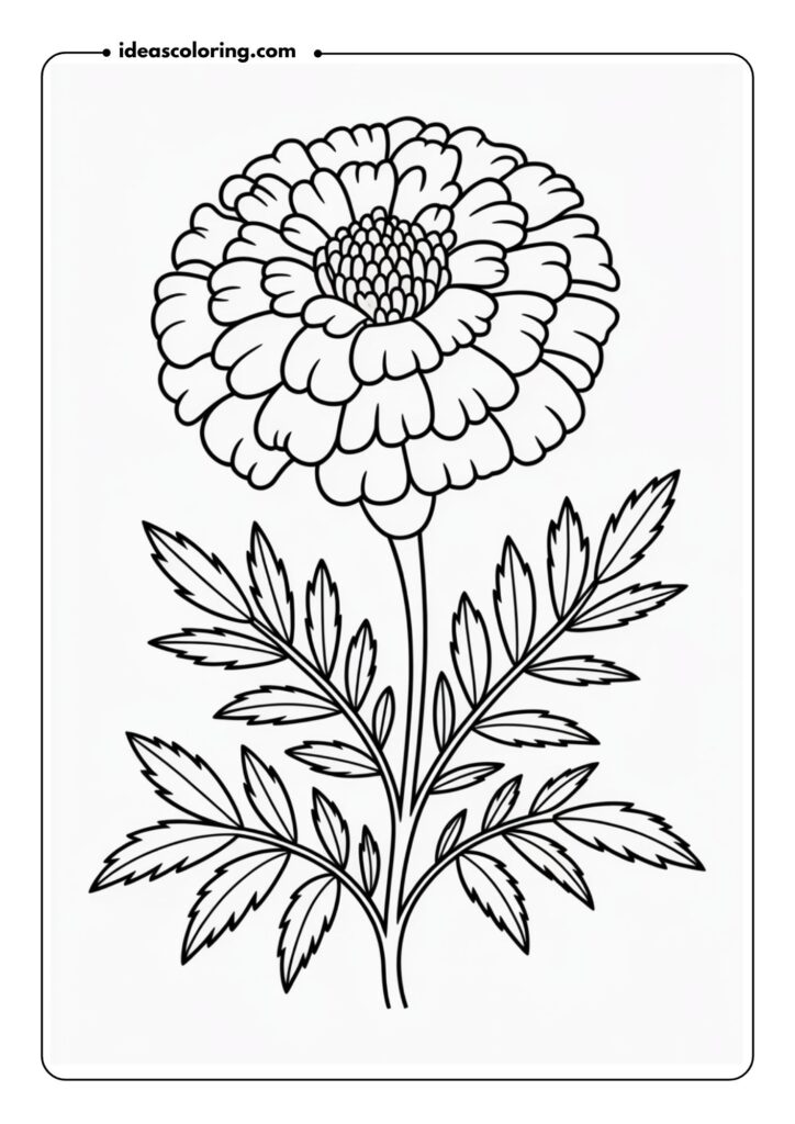 Marigold Close-Up A single marigold flower with dense petals arranged in concentric layers, surrounded by thin, pointed leaves
