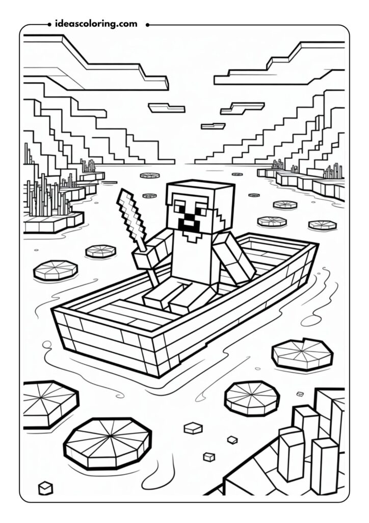 Minecraft boat floating on pixelated water with a player character rowing, surrounded by blocky lily pads
