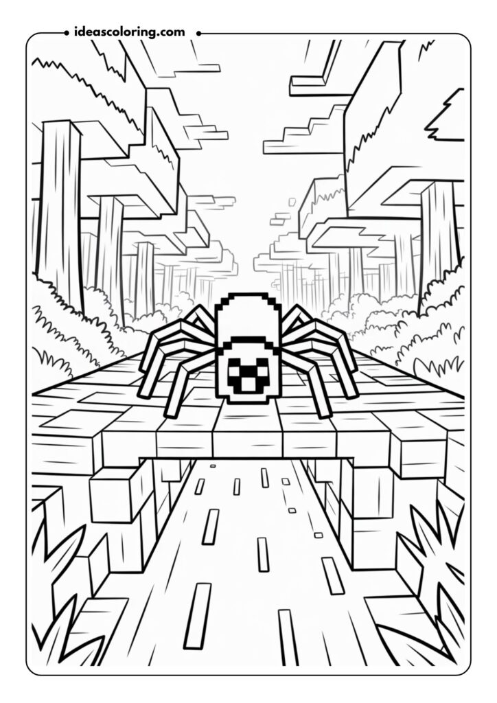 Minecraft spider crawling over a pixelated stone bridge crossing a river in a forest biome