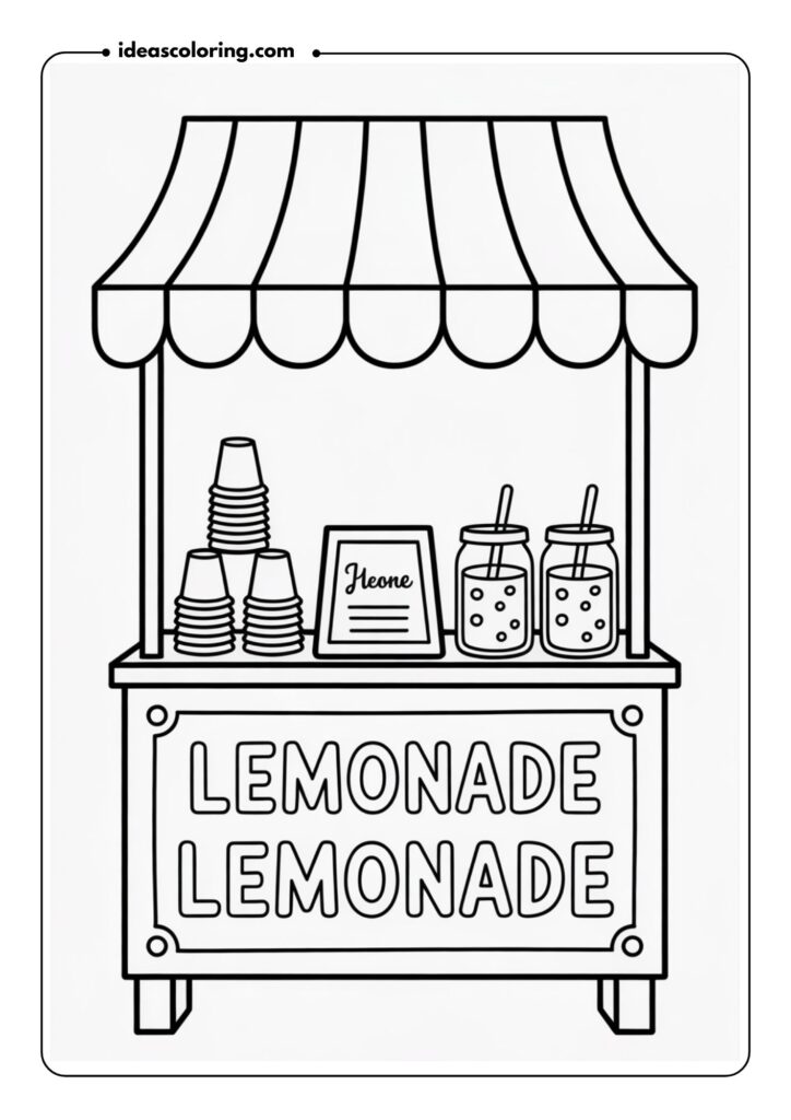 Outline drawing of a lemonade stand run by kids with a handwritten sign, stacked cups, and jars of lemonade