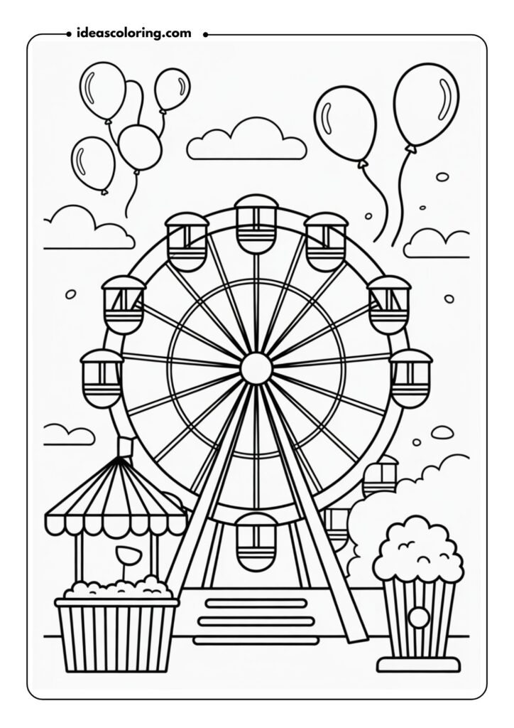 Outline of a summer fairground with Ferris wheel, popcorn stands, cotton candy, and balloons floating in the sky