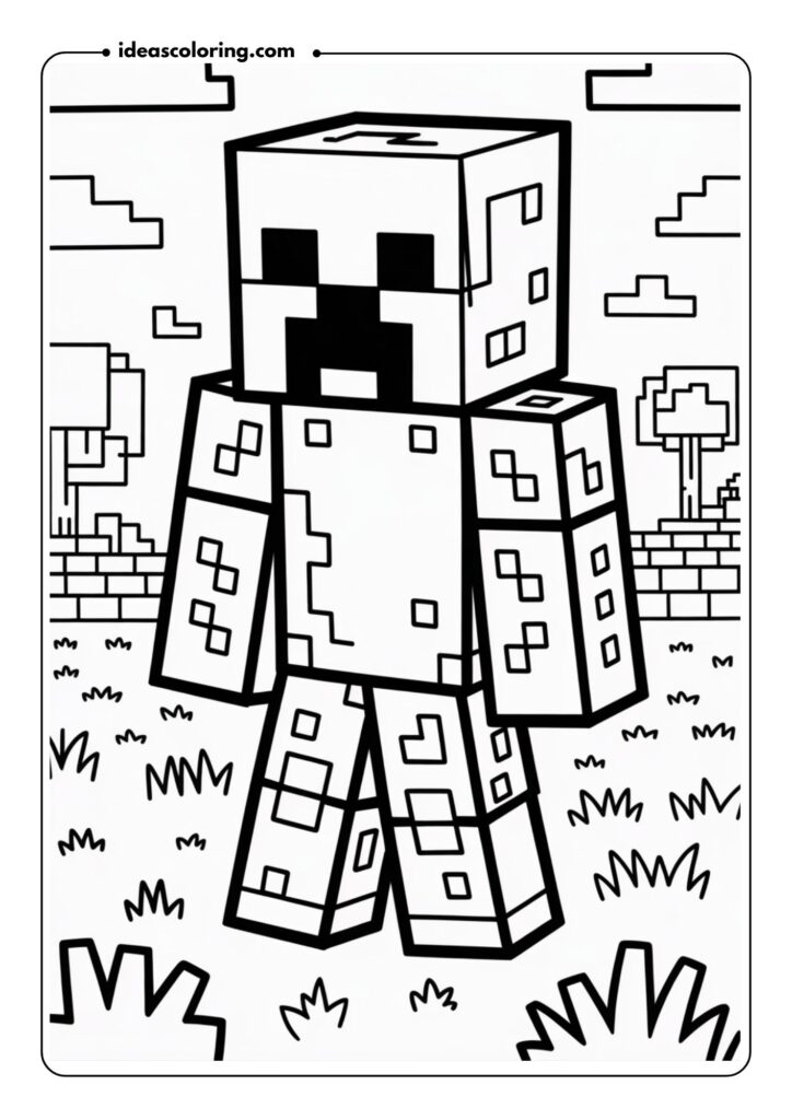 Outlined Minecraft Creeper standing in a pixelated grassy field with blocky trees in the background