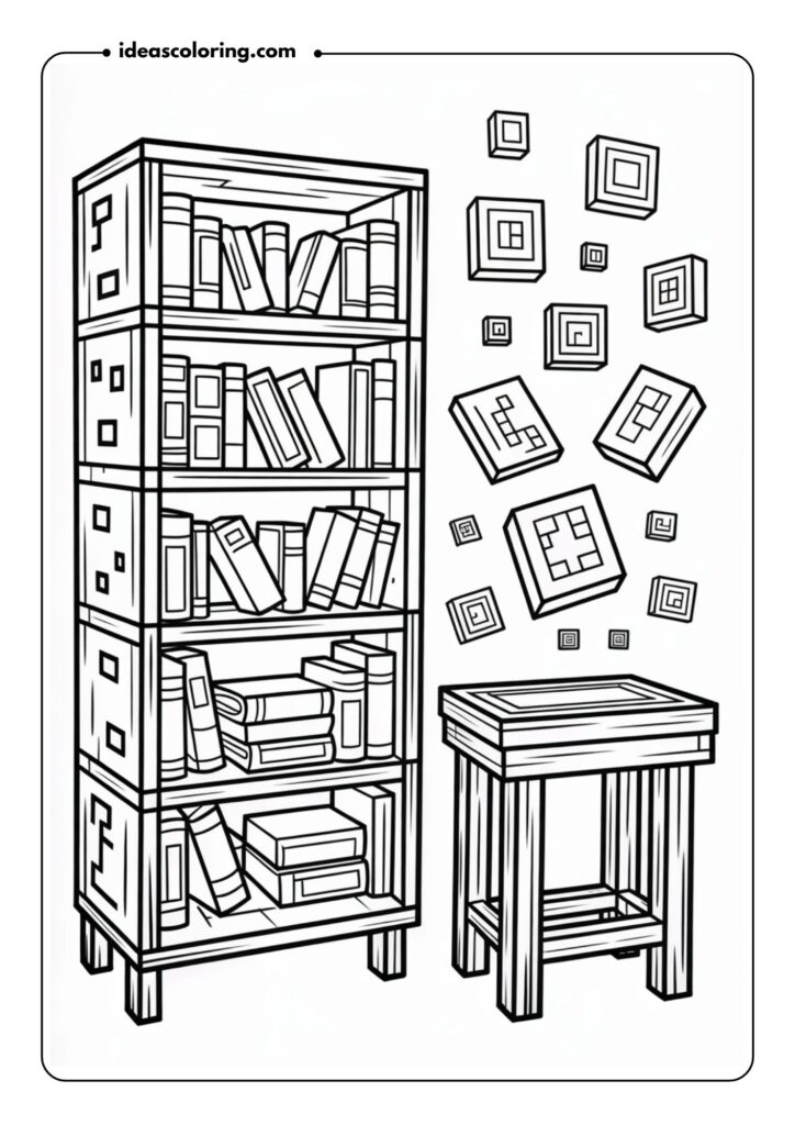 Outlined Minecraft bookshelf filled with pixelated books, next to an enchanting table with floating runes