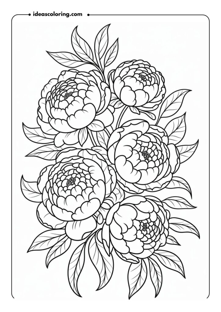 Peony Cluster Several peonies in full bloom, with soft, layered petals and intricate outlines, surrounded by leaves and stems