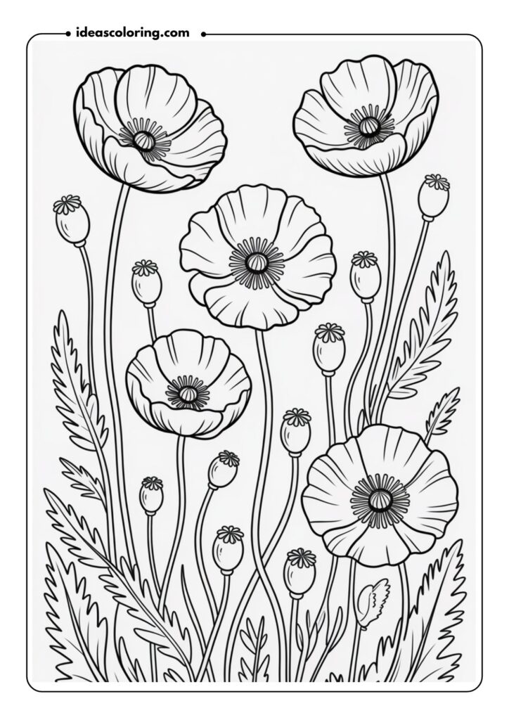 Poppy Field A vibrant poppy field with bold poppy flowers in various stages of bloom, set against a backdrop of slender green stems and foliage