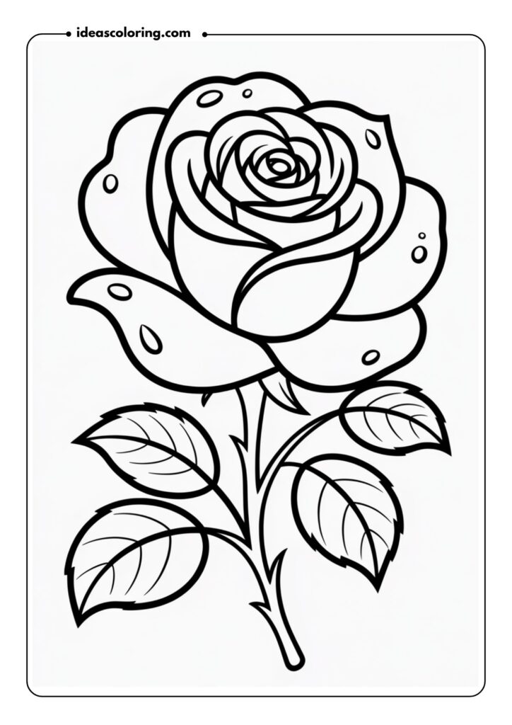 Rose with Dew Drops A detailed rose with layers of petals, highlighted with soft curves, and small droplets of water on the edges of the petals