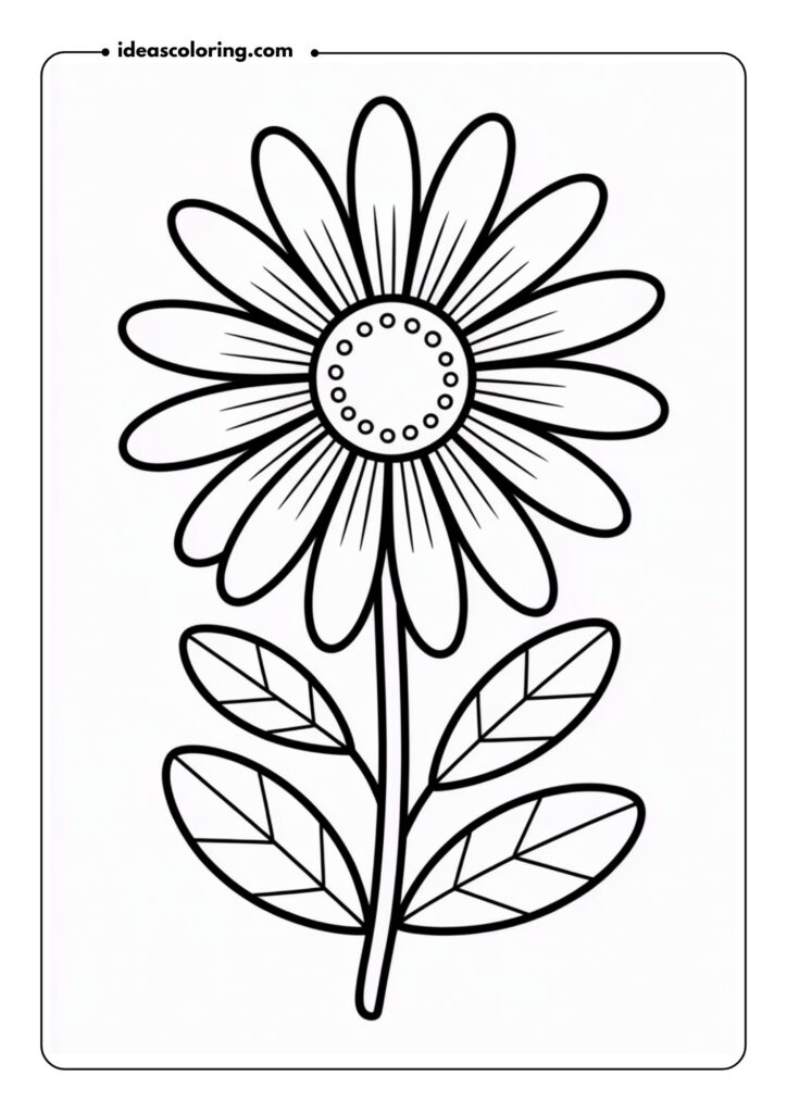 Simple Daisy Design A close-up of a single daisy with detailed petal outlines and a circular center, surrounded by small leaves