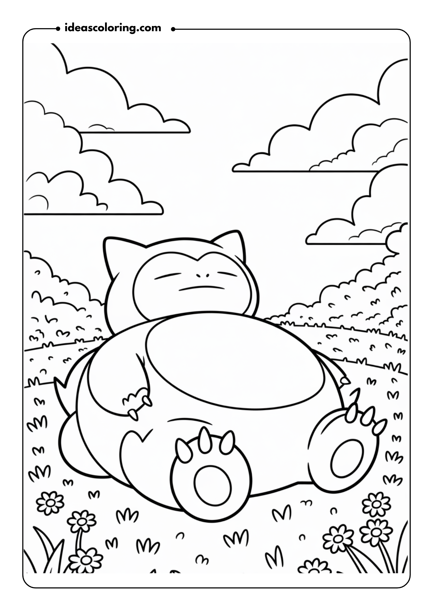 Snorlax Relaxing in a Meadow_ Outline Snorlax sleeping in a peaceful meadow, with small Pokémon nearby, and gentle clouds drifting by in the sky