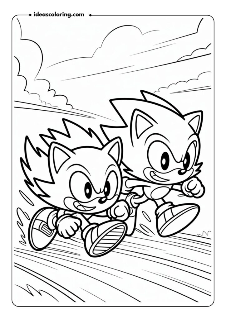 Sonic and Tails racing together – Illustrate Sonic and Tails side-by-side, racing towards the horizon with dust clouds kicking up behind them