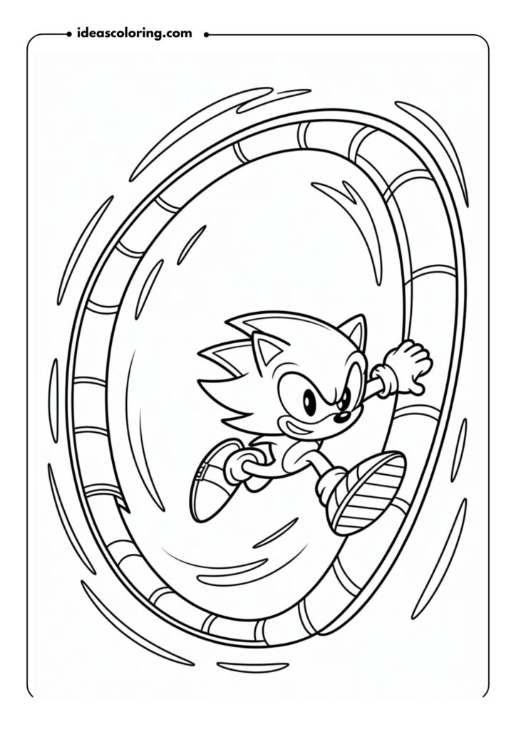 Sonic on a loop-de-loop track – Draw Sonic performing a loop-de-loop, his body contorted to fit the shape, with speed lines around him and the track curved in the air