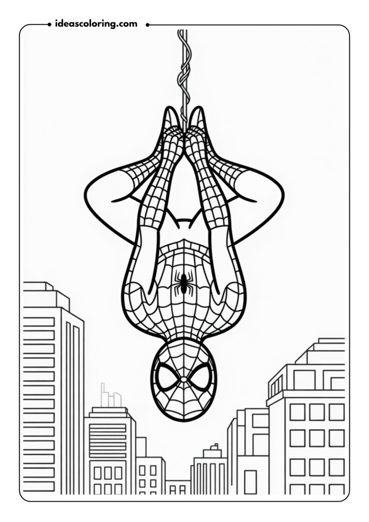 Spider-Man Hanging Upside Down_ Draw Spider-Man hanging upside down from a web strand, with his mask tilted and the cityscape in the background