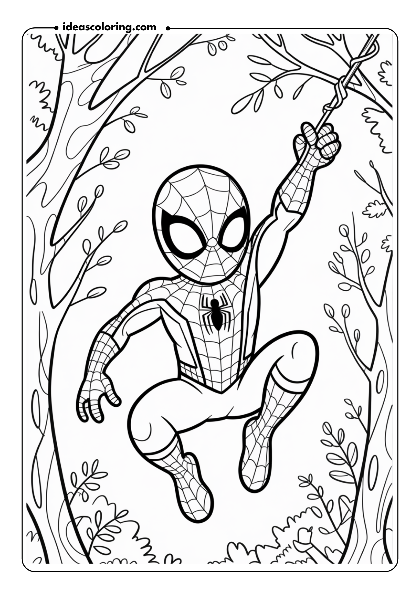 Spider-Man Swinging Through Trees_ Create a scene where Spider-Man is swinging through a forest, with trees and branches framing the image