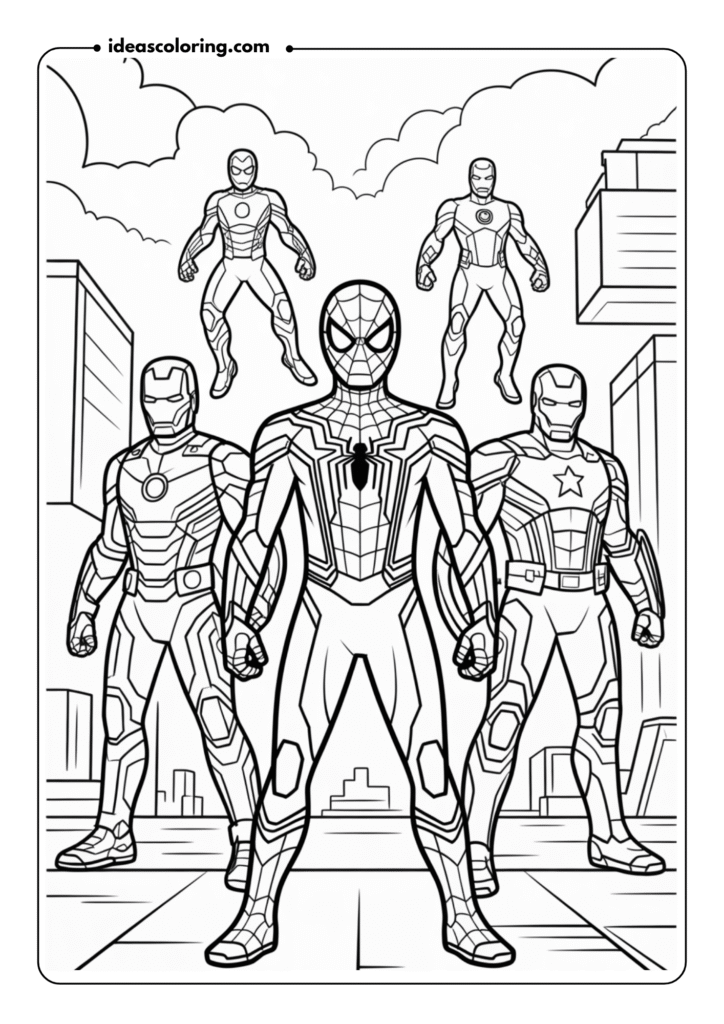 Spider-Man and the Avengers_ Illustrate Spider-Man standing with fellow Avengers like Iron Man and Captain America, ready for action