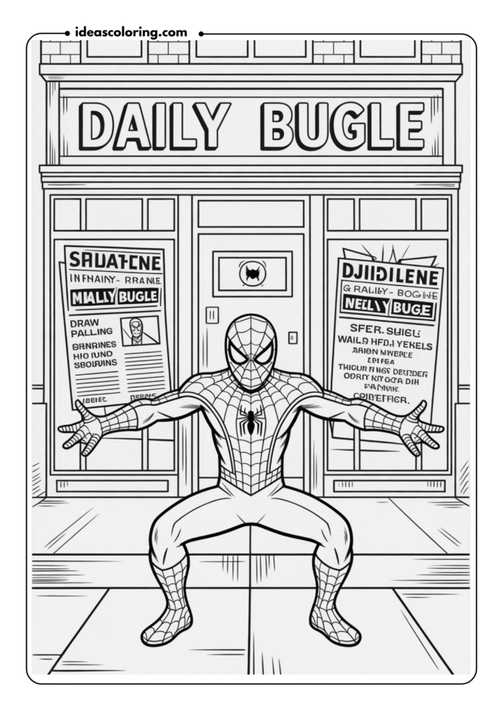 Spider-Man and the Daily Bugle_ Draw Spider-Man in front of the Daily Bugle building, with headlines about his heroic deeds splashed across the windows