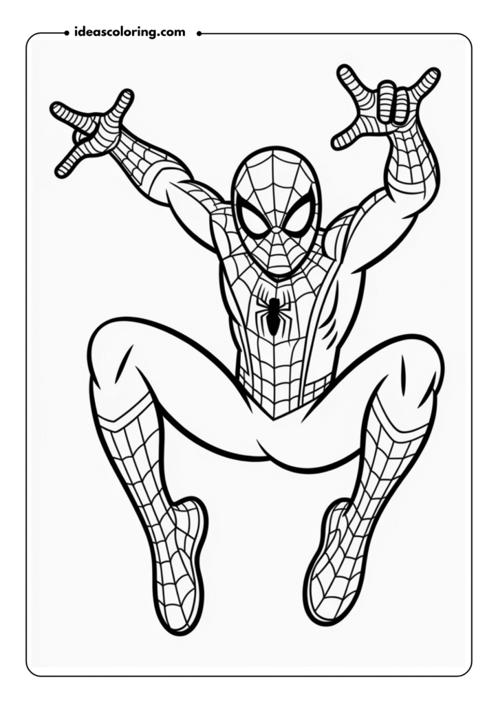 Spider-Man in Full Leap_ Draw Spider-Man in mid-leap, with his limbs extended in action as if preparing to land from a high jump
