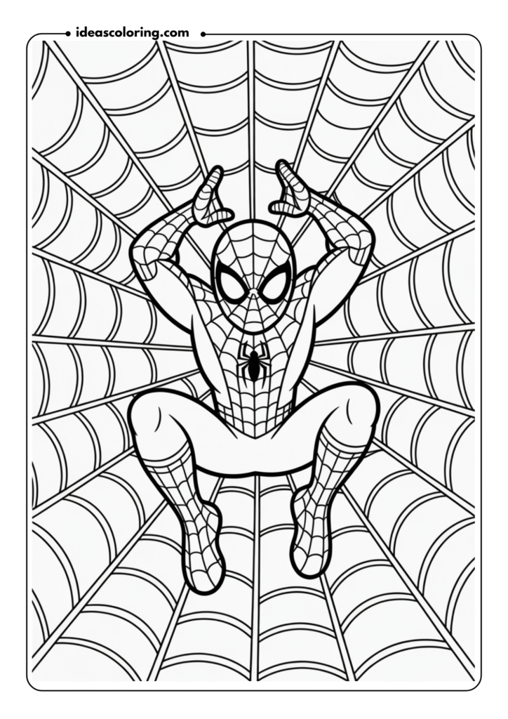 Spider-Man in Webbed Trap_ Show Spider-Man trapped in his own web, trying to escape with an expression of determination on his face