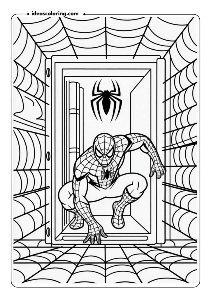 Spider-Man in a Webbed Vault_ Depict Spider-Man entering a bank vault covered in webs, with his signature symbol glowing in the darkness