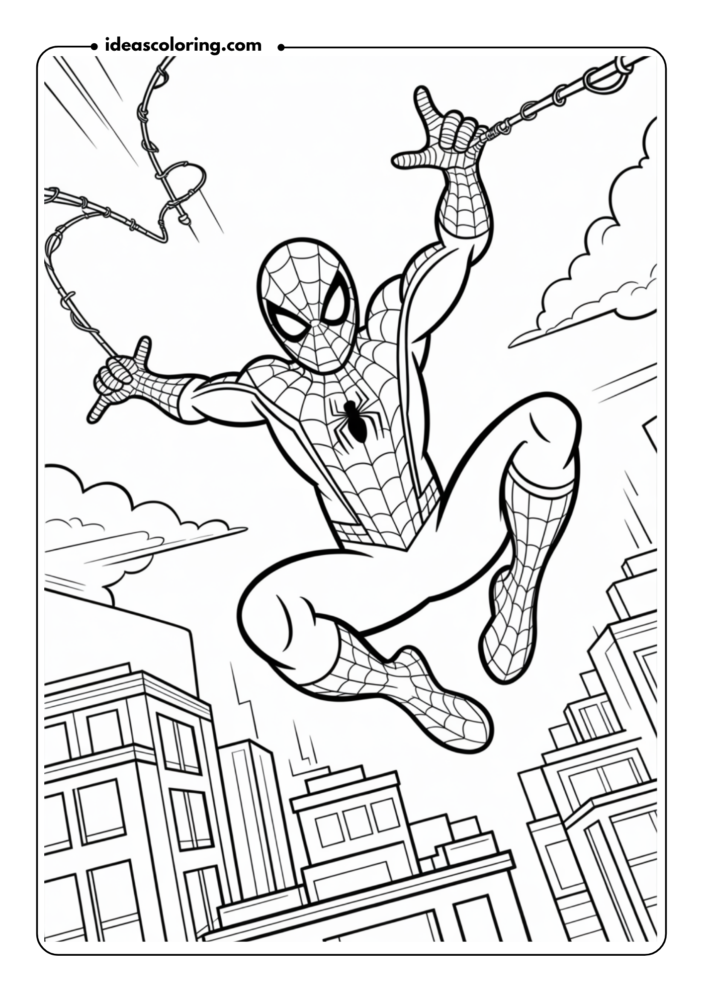 Spider-Man’s Web-Slinging_ Illustrate Spider-Man mid-air with a web extending from his wrist, creating a high-flying scene over a cityscape
