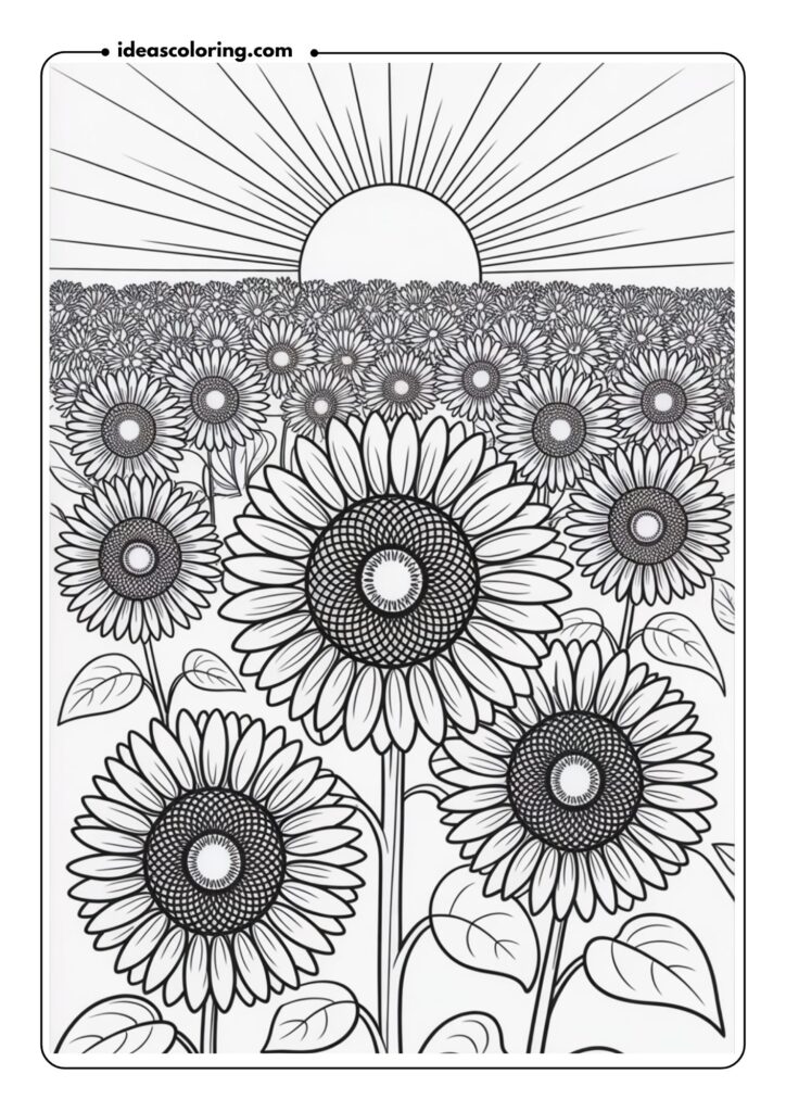 Sunflower Field A vast field of tall sunflowers with large, bold petals and intricate seeds in the center, creating a sun-like pattern