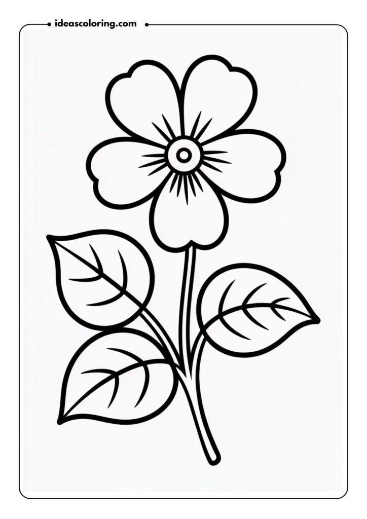 Violet with Heart-Shaped Leaves A single violet flower with soft petals and heart-shaped leaves, designed to be simple yet detailed in its outline