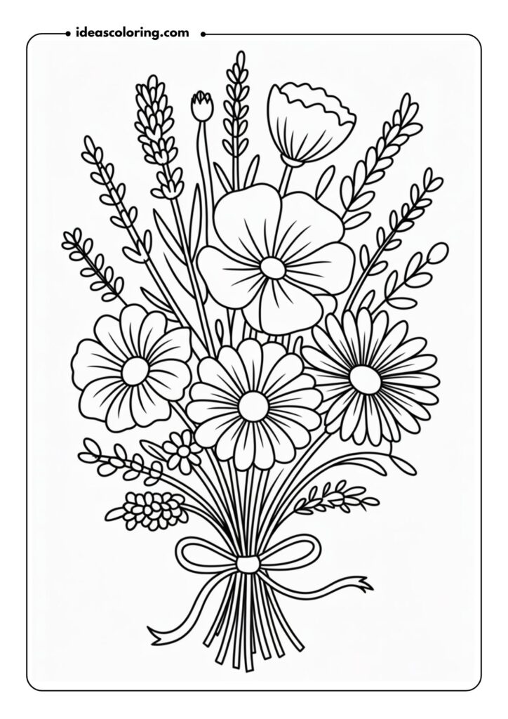 Wildflower Bouquet A collection of wildflowers including poppies, daisies, and lavender, each with distinct outlines and natural shapes, bundled together with a small ribbon