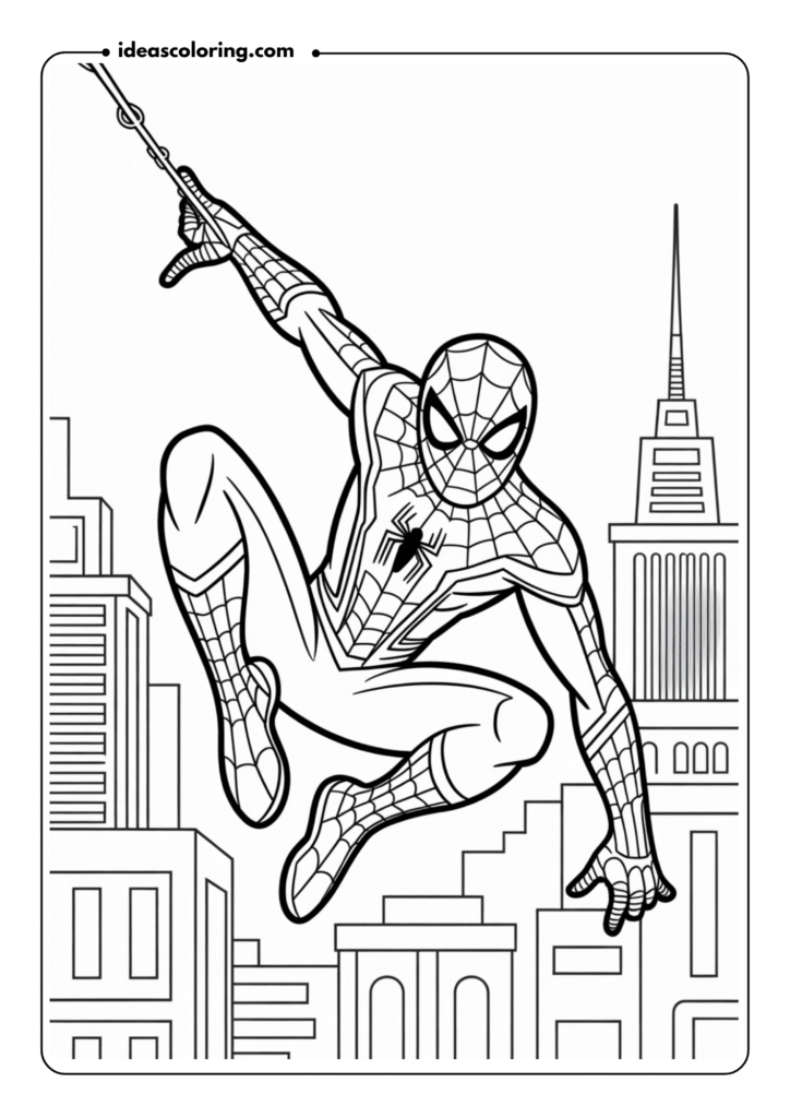 pider-Man in Action_ Create an outline of Spider-Man swinging through the city, with his web connecting to buildings. Include a detailed skyline in the background