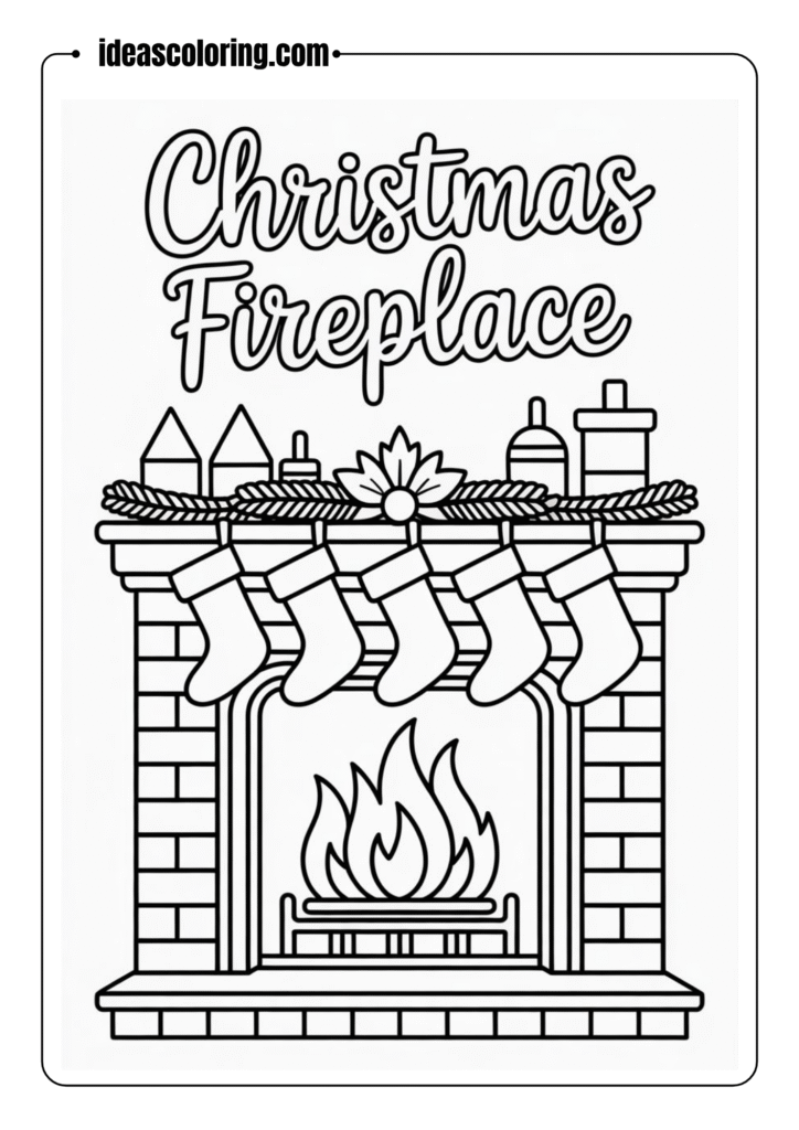 Christmas fireplace scene with stockings hanging, a decorated mantle, and a cozy background – outlined for coloring